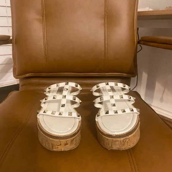 Valentino Rockstud white Cork Platform Mule Shoes Sandal Women's 37